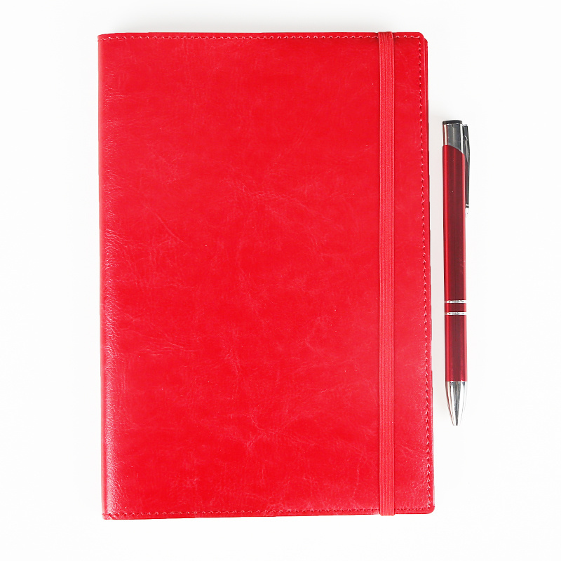 OEM Fresh Red A5 Soft Cover Leather Notebook with elastic pen holder and business card pocket