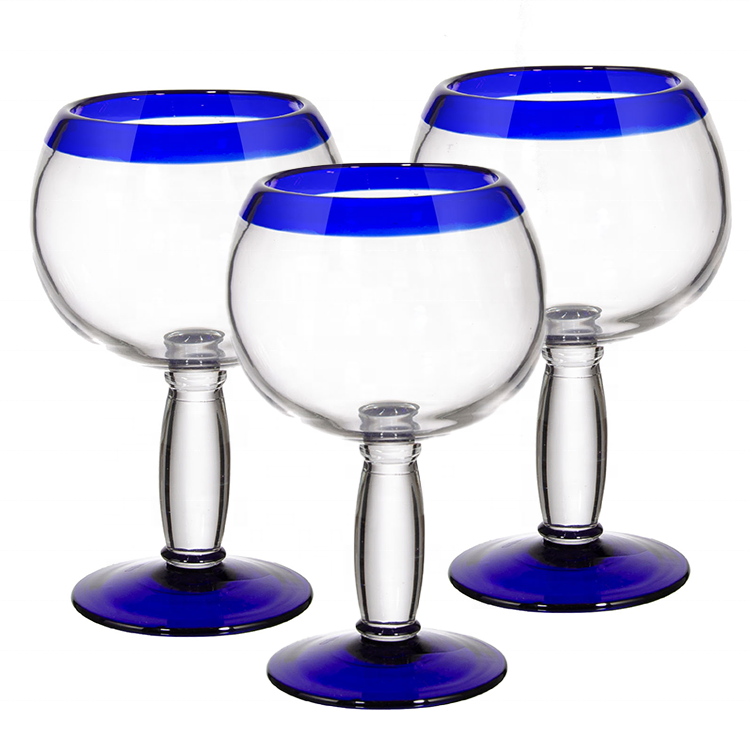 Samyo Party Hand Blown Mexican Style Blue Rim Colored Goblet Balloons Large Gin Glass Red Wine Glass