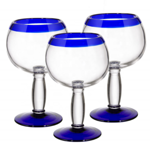 Samyo Party Hand Blown Mexican Style Blue Rim Colored Goblet Balloons Large Gin Glass Red Wine Glass