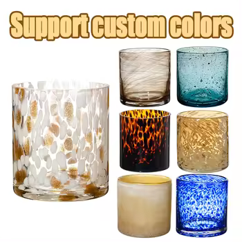 Custom unique luxury hand blown Wedding thick bottom Blue dot Colored Glass Candle Jar for Home Decoration