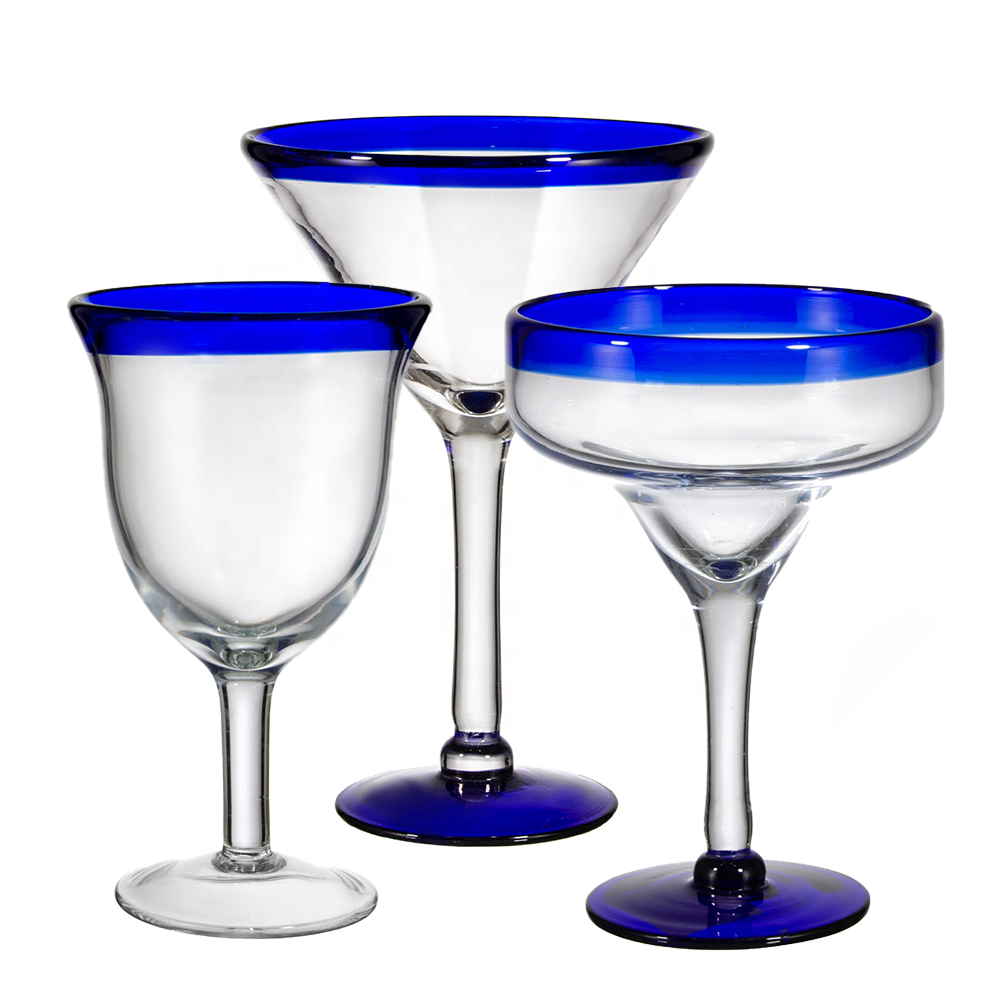 Samyo Party Hand Blown Mexican Style Blue Rim Colored Goblet Balloons Large Gin Glass Red Wine Glass