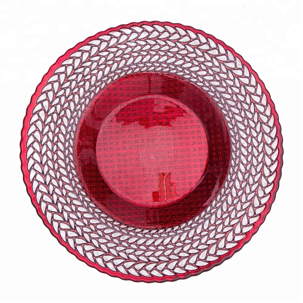 Samyo 13 Inches Glass With Rattan Embossed Decoration Wholesale Charger Plates Wedding Red Charger Plates