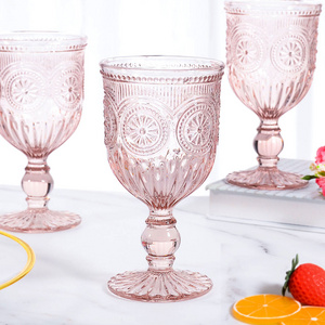 custom vintage Mexico Wedding sunflower embossed Pink Colored Glass Cup red wine Goblets glasses set