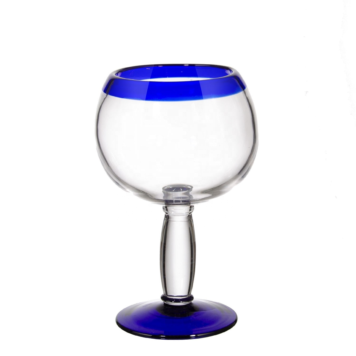 Samyo Party Hand Blown Mexican Style Blue Rim Colored Goblet Balloons Large Gin Glass Red Wine Glass