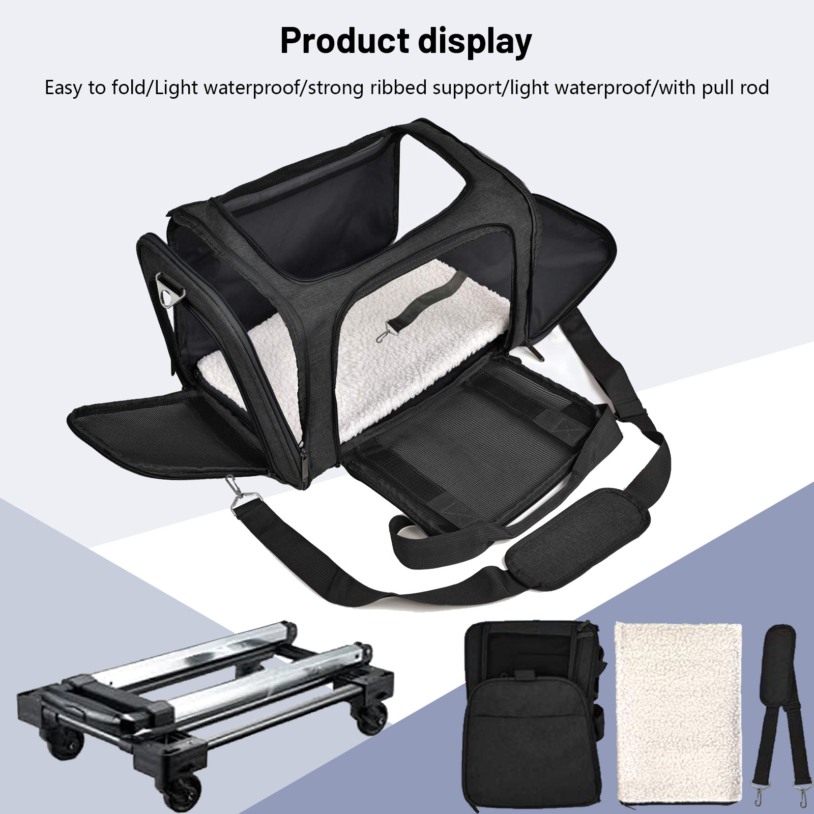 Airline Approved Rolling Breathable Folding with Telescopic Handle and Shoulder Strap Black Cat Dog Carrier with Wheels