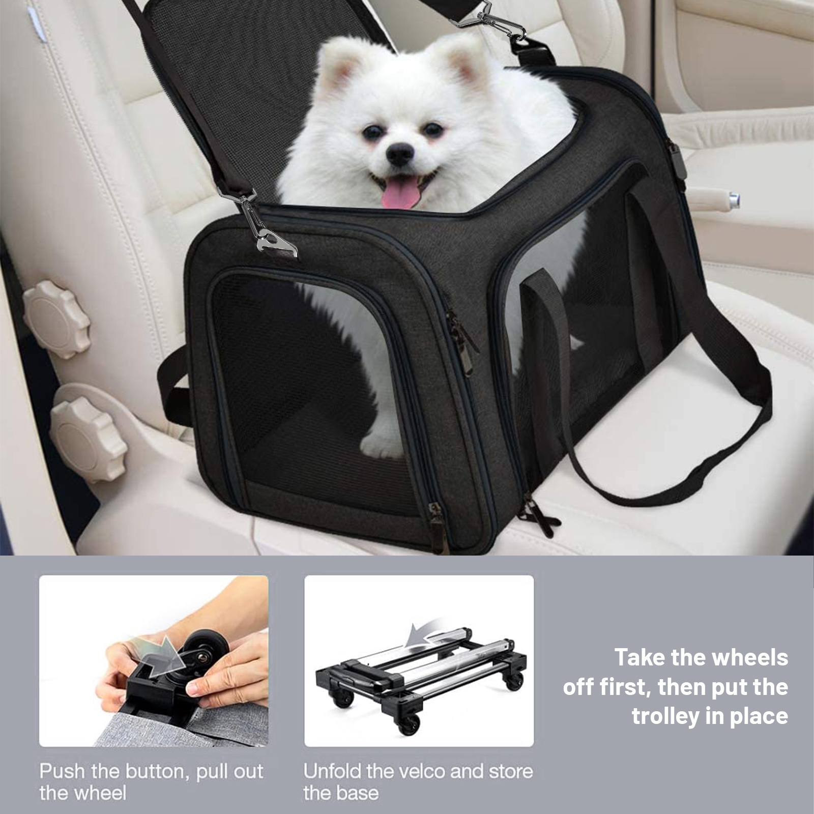 Airline Approved Rolling Breathable Folding with Telescopic Handle and Shoulder Strap Black Cat Dog Carrier with Wheels