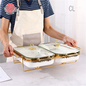 Hotel used gold decorative rectangle bakeware white porcelain chafing dish and food warmer ceramic food warmers with glass lid