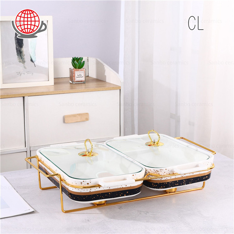 Hotel used gold decorative rectangle bakeware white porcelain chafing dish and food warmer ceramic food warmers with glass lid