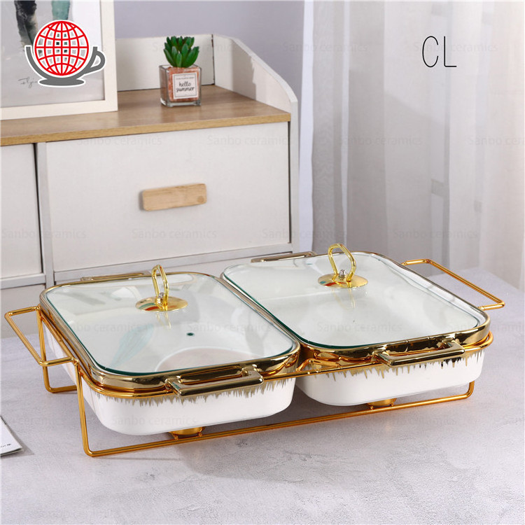 Hotel used gold decorative rectangle bakeware white porcelain chafing dish and food warmer ceramic food warmers with glass lid