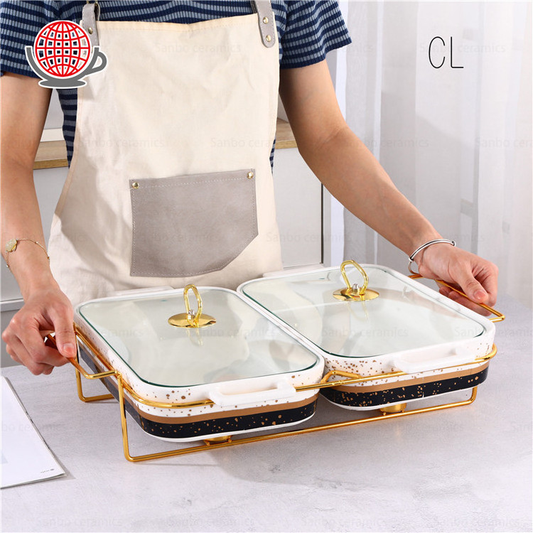 Hotel used gold decorative rectangle bakeware white porcelain chafing dish and food warmer ceramic food warmers with glass lid