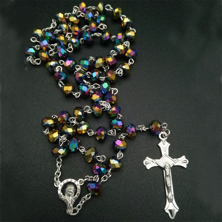 Colorful crystal cross catholic jewelry wholesale selection multicolor religious necklace rosary