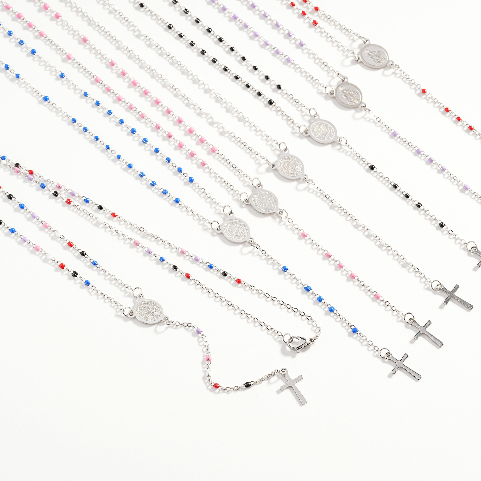 Wholesale stainless steel jewelry colorful drop beads cross rosary necklace beads crucifix cross maria jewelry necklace