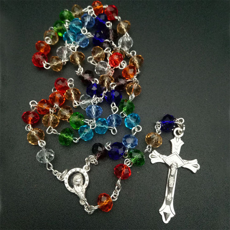 Colorful crystal cross catholic jewelry wholesale selection multicolor religious necklace rosary