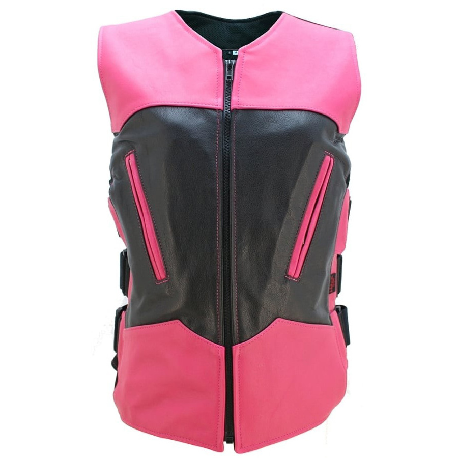 100% High Quality Polyester Lining Leather Vests For Women's Custom Design Leather Vest Solid pink and black Color