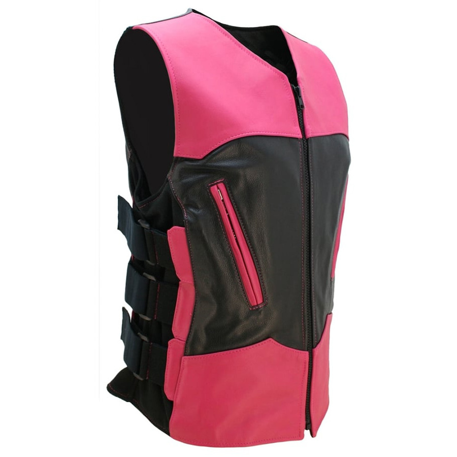 100% High Quality Polyester Lining Leather Vests For Women's Custom Design Leather Vest Solid pink and black Color