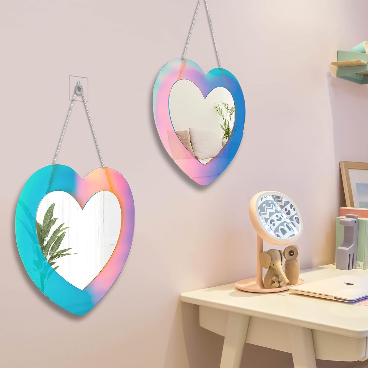 Acrylic Irregular Wall Mirror Wavy  Heart Shaped Rainbow  with White Pearl Chain for Room Wall Decoration Wall Hang Frameless