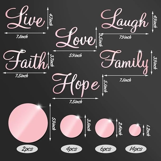 3D Acrylic Mirror Wall Decor Stickers 26-Piece Set Rose Gold Art Deco Faith Live Laugh Love Hope Family Motivational Phrases