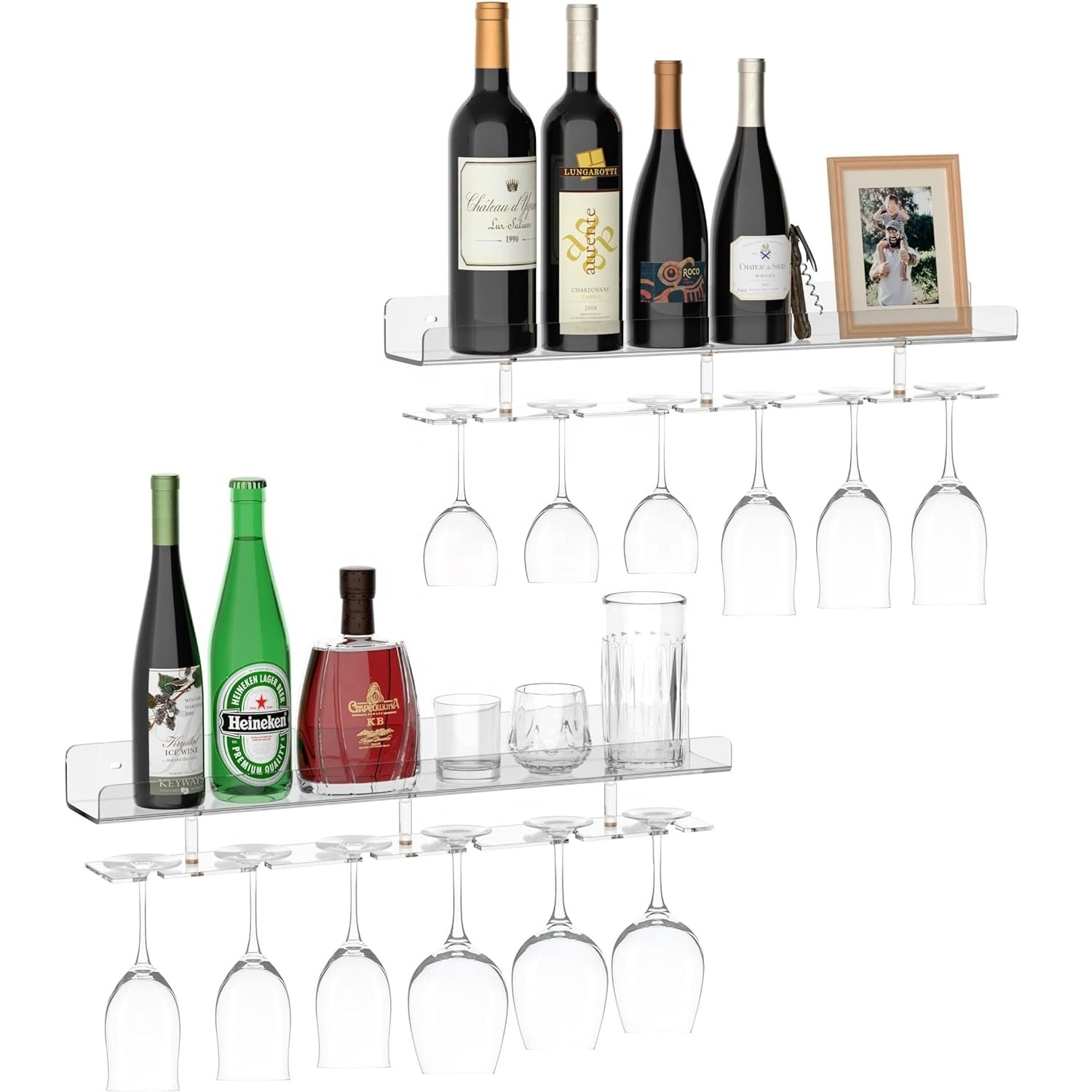 Acrylic Wine Glass Holder Wall Mounted Bar Shelf With Removable Glasses Stand Floating Shelves For Wine Liquor Bottles Glasses