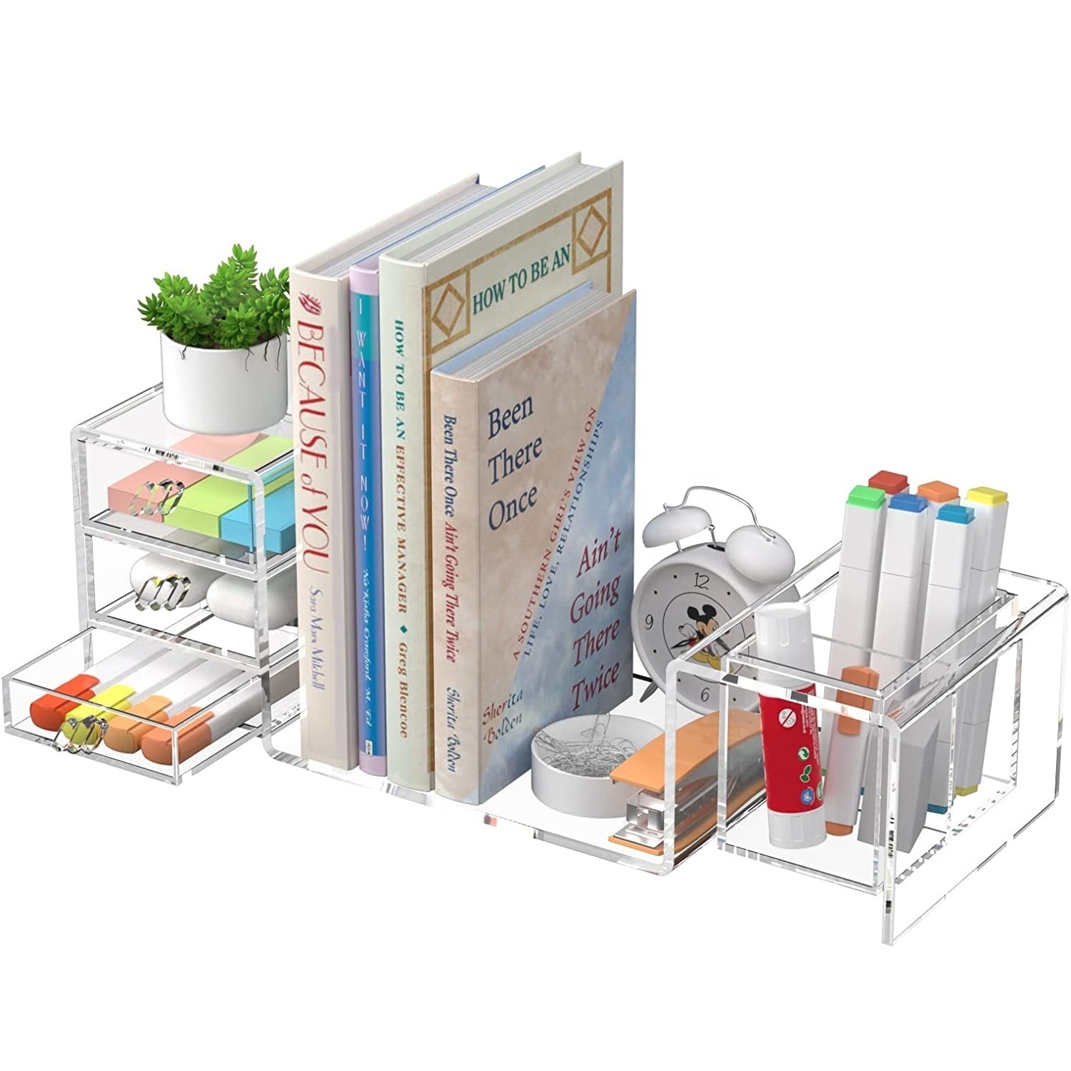 Clear Acrylic Desk Organizer Multi-functional with 2 Pen Holder and 3 Drawer Bookshelf Counter for Home Office School Classroom