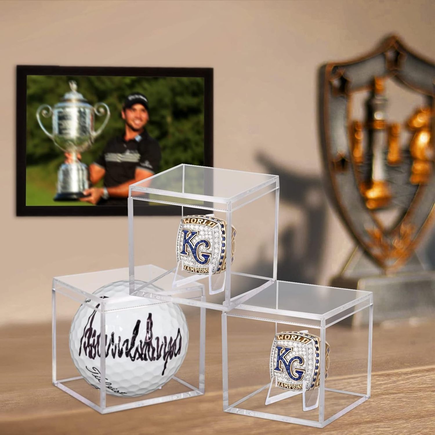 Championship Ring Display Case 3pcs Clear Acrylic Plastic Storage Box Mini Card Stand Holder Small Showcase Golf Ball Sport Ring