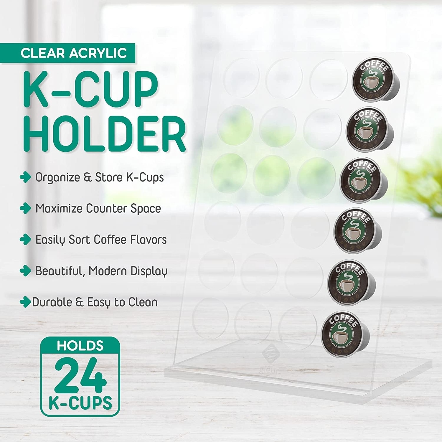 K Cups Coffee Bag Holder Organizer Compatible with 24 Keurig Coffee Bags Modern display and storage for kitchen and office