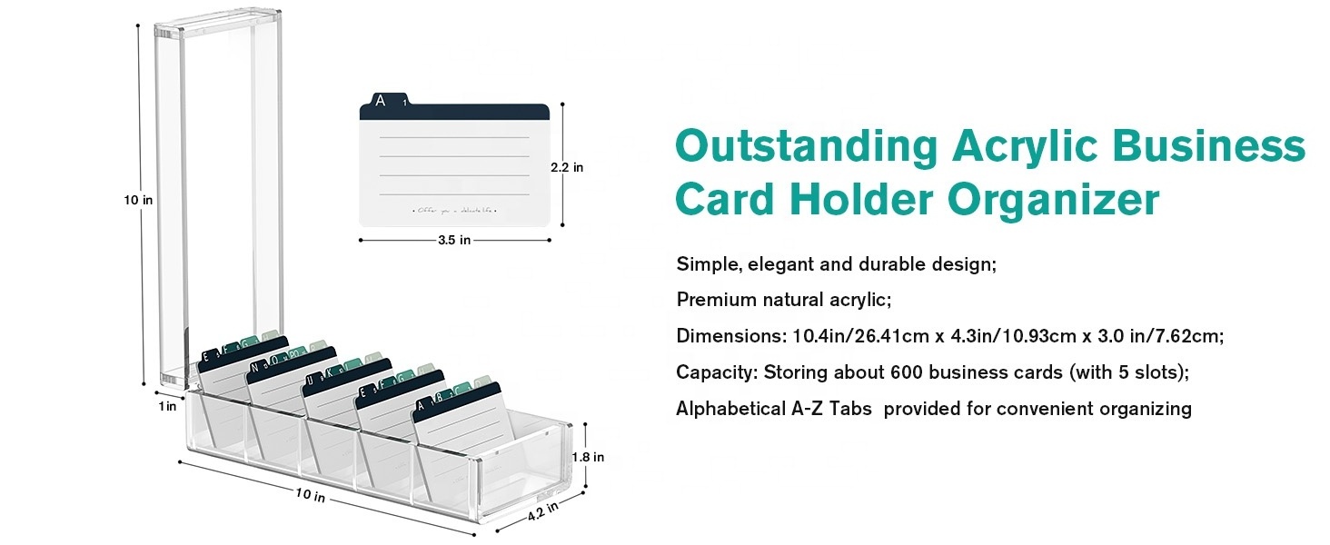 Acrylic Business Card Organizer Box with with magnet lids and 6 Dividers Holds 600 Cards A-Z Tabs Recipe Note Card Holder