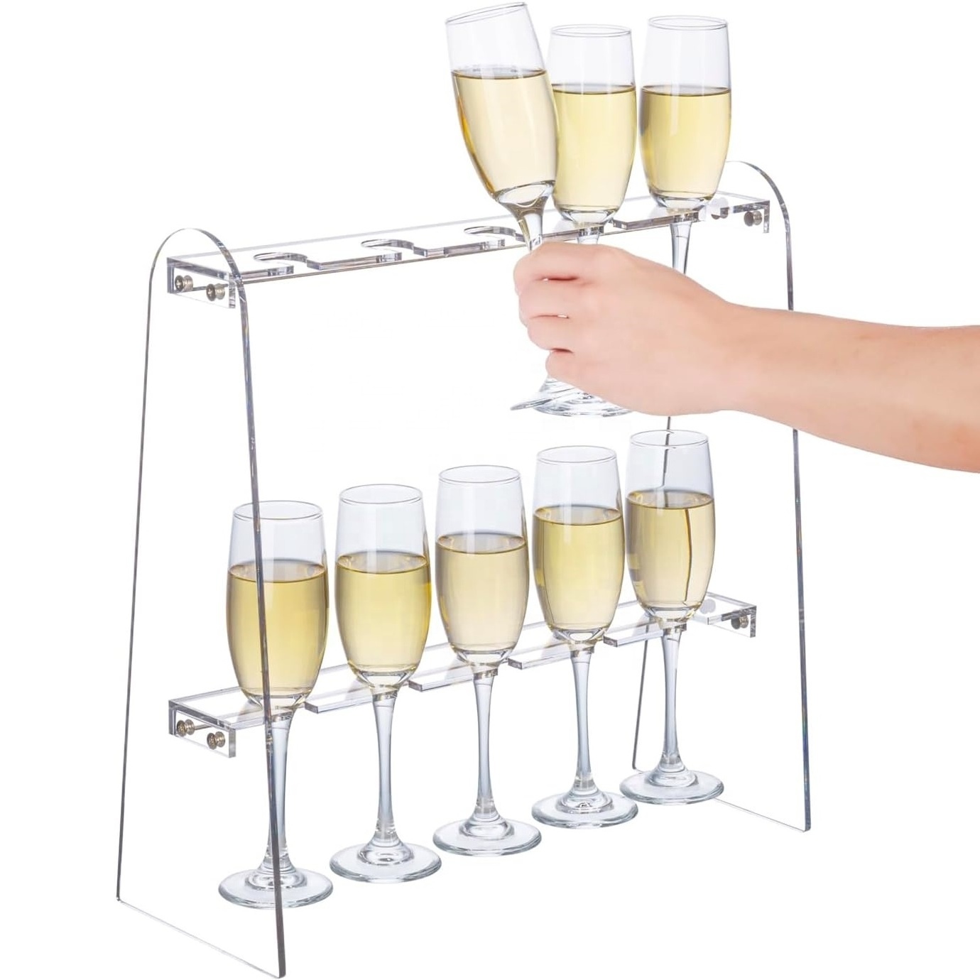 2 Tiers Clear Acrylic Champagne Flute Glasses Holder Stand Modern Premium Tabletop Stemware Hanging Display Racks with 10 Slots