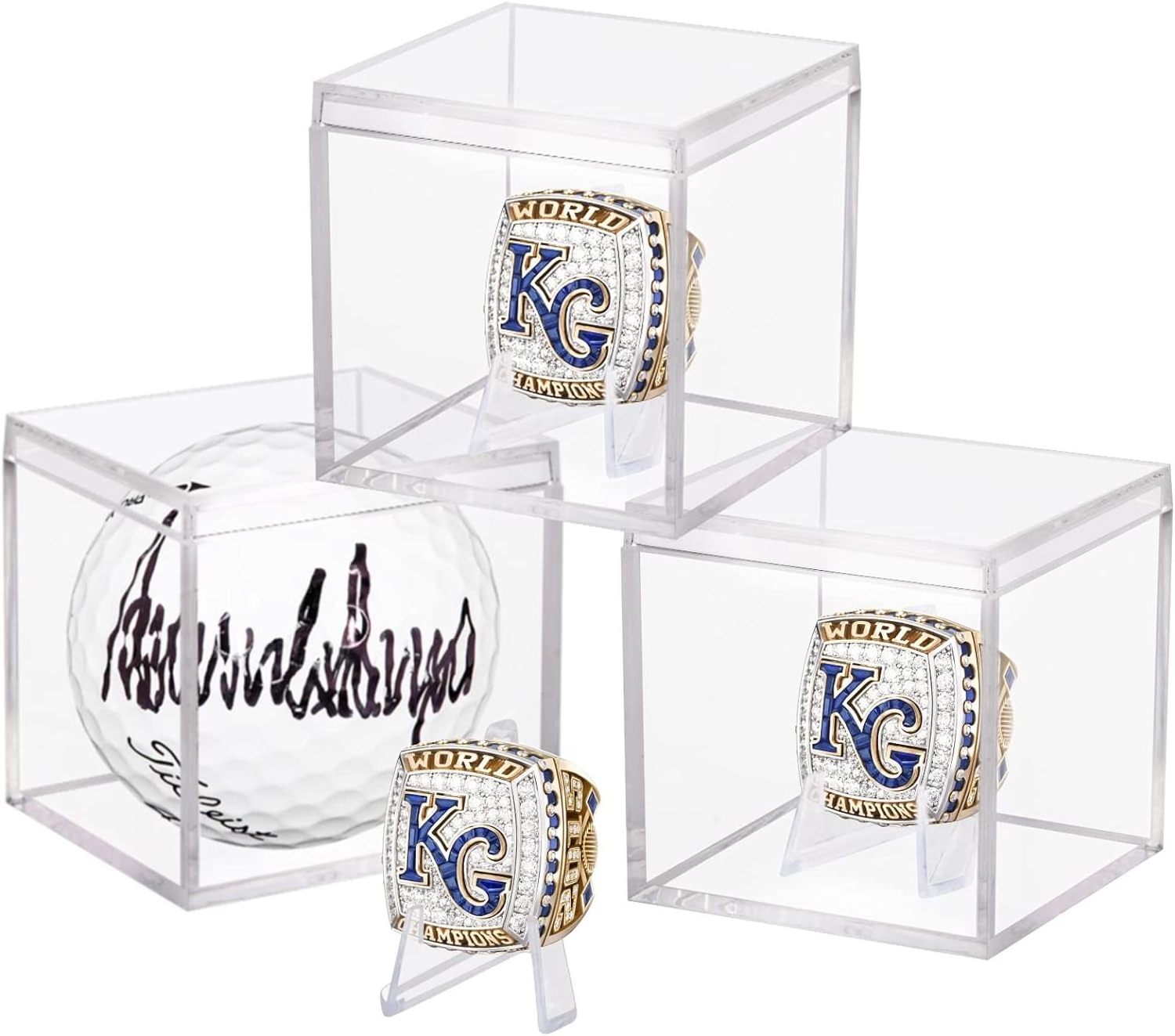 Championship Ring Display Case 3pcs Clear Acrylic Plastic Storage Box Mini Card Stand Holder Small Showcase Golf Ball Sport Ring