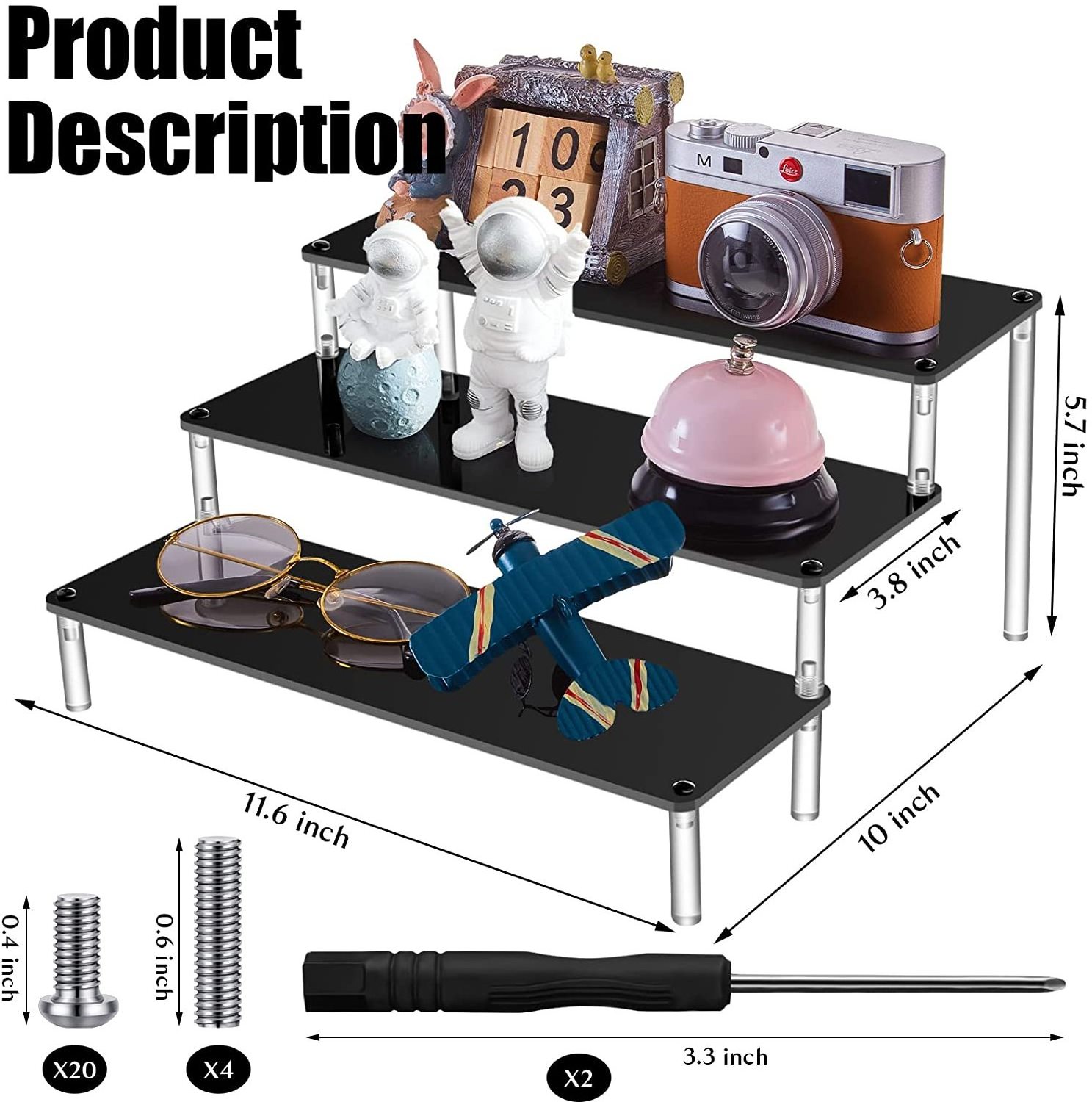 3 Tiers Display Stand Riser Display Shelves Black Acrylic Organizer Stand Cardboard Display Stands for Products Collection