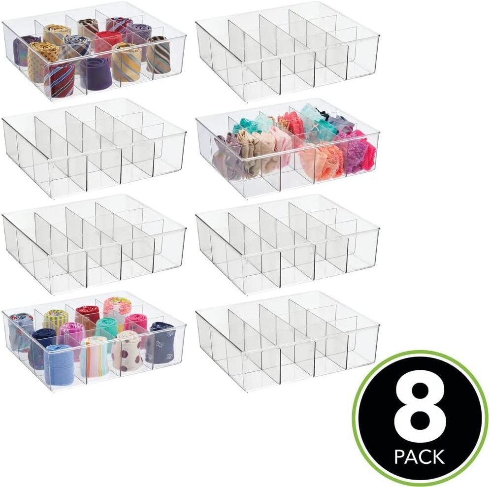 Plastic 12 Compartment Divided Drawer and Closet Storage Bin - Organizer for Scarves Socks Ties Bras and Underwear - Dress Organ