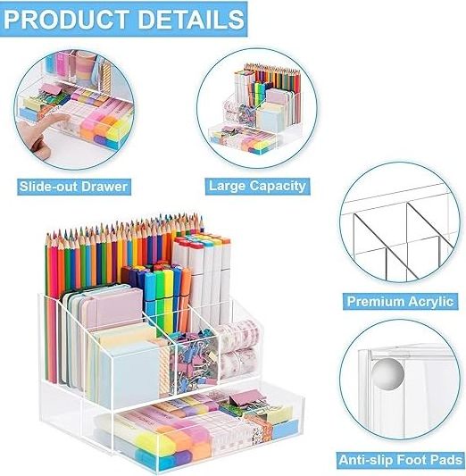 acrylic organizer Clear Pencil Organizer for Desk 7 compartments stationary Pen Organizer e with Drawer 500+ Pencils Capacity