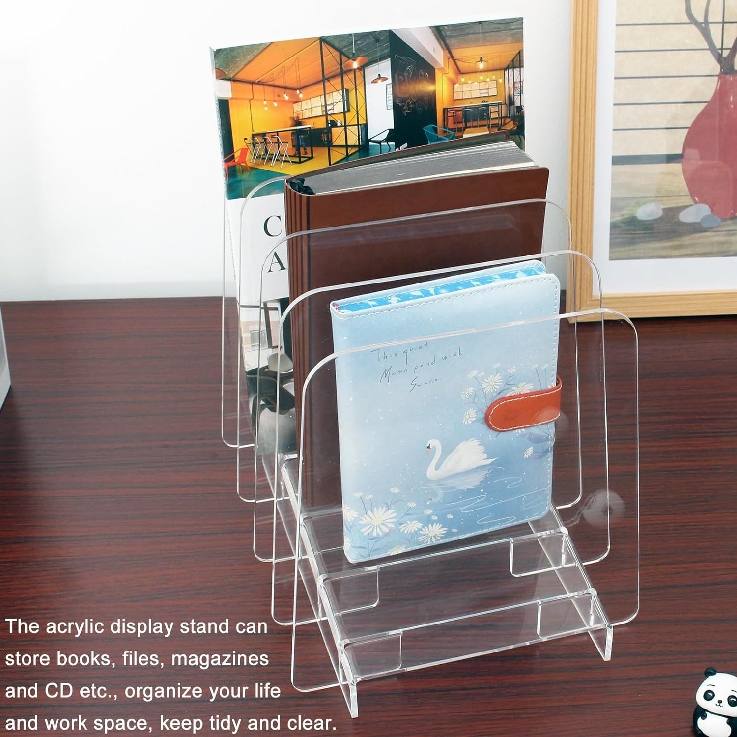 Clear Acrylic Incline File Organizer Rack 4 Sections Books Holder Sorter Vertical Display Magazine Holder for School Home Office