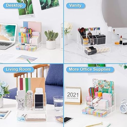 acrylic organizer Clear Pencil Organizer for Desk 7 compartments stationary Pen Organizer e with Drawer 500+ Pencils Capacity