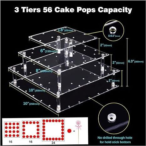 Acrylic Cake Pop Display Stand, 56 Hole Clear 3 Tier Square Lollipop Holder, Ideal for Weddings Baby Showers Birthday Party