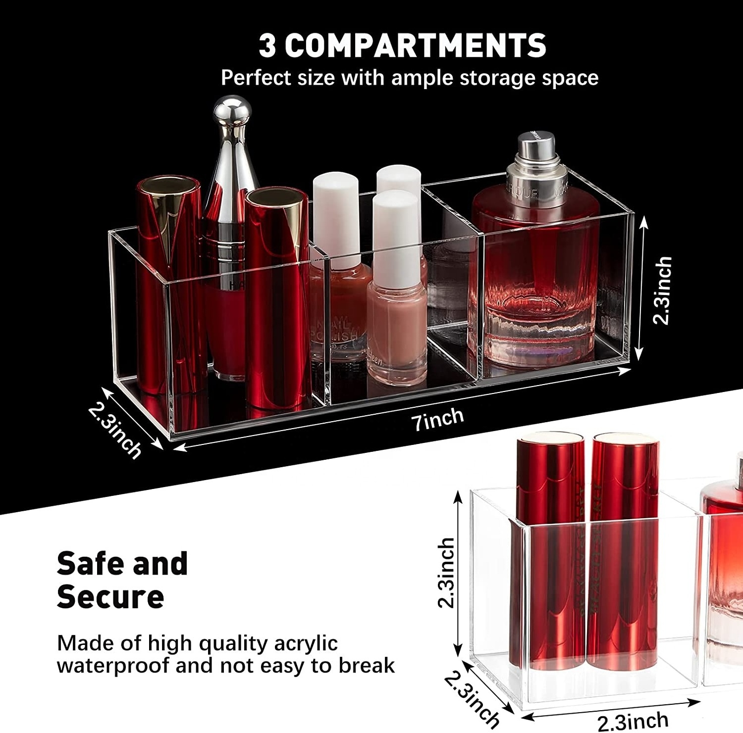 Compartment Organizer Clear Acrylic Cube Organizer 3/4 Section Small  Box Pencil Holder  Cup Drawer Organizer(2 Pieces)