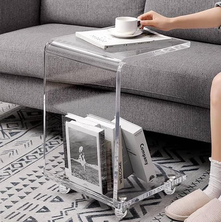 Acrylic Mobile C-Shaped End Table Clear Rolling Snack Table on Wheels Sofa Side Display Rack