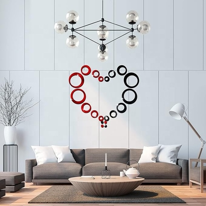 72 Pieces Removable Acrylic Circle Mirror Wall Stickers Red Black Decor Mirror Wall Decals for Home Living Room Bedroom Decor