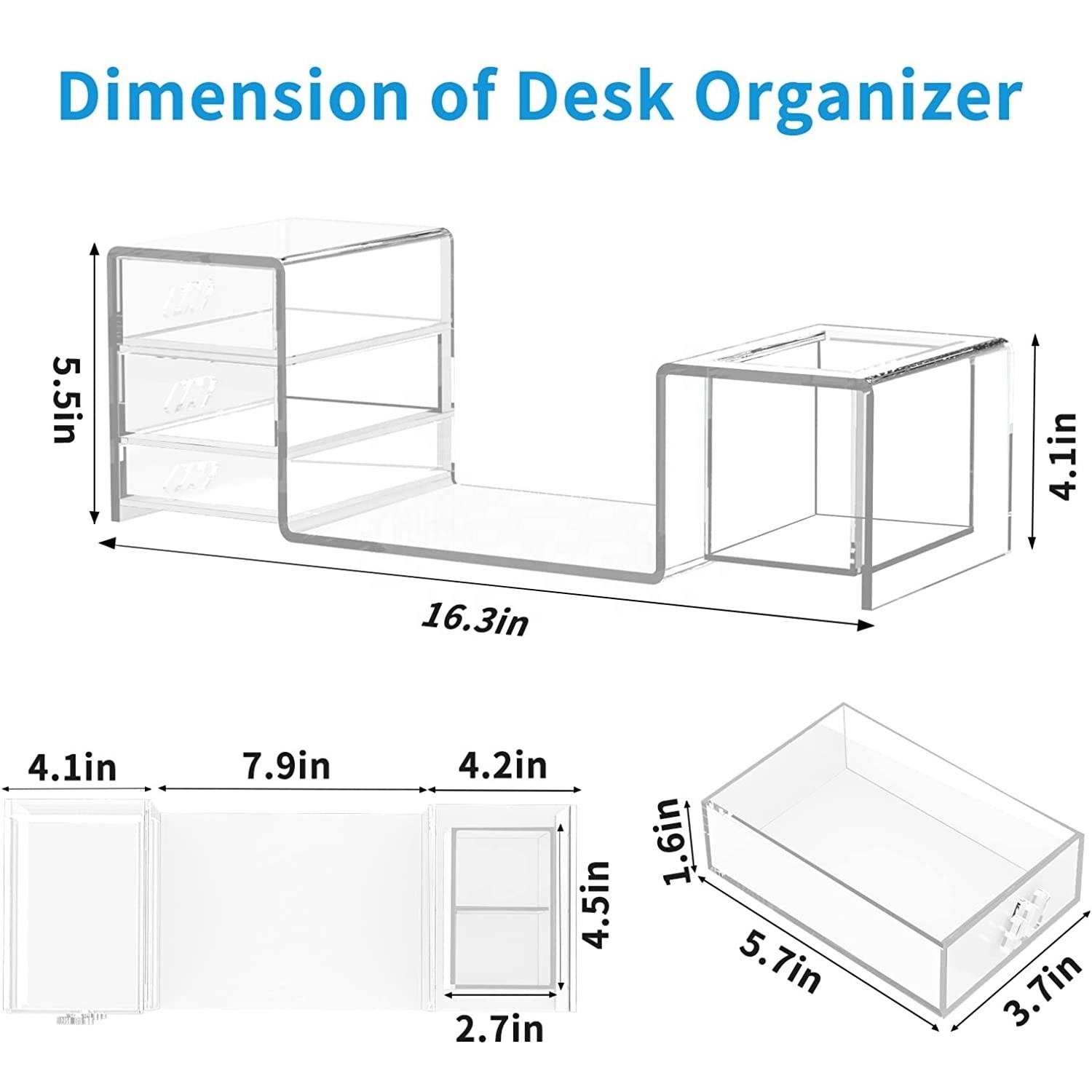 Clear Acrylic Desk Organizer Multi-functional with 2 Pen Holder and 3 Drawer Bookshelf Counter for Home Office School Classroom