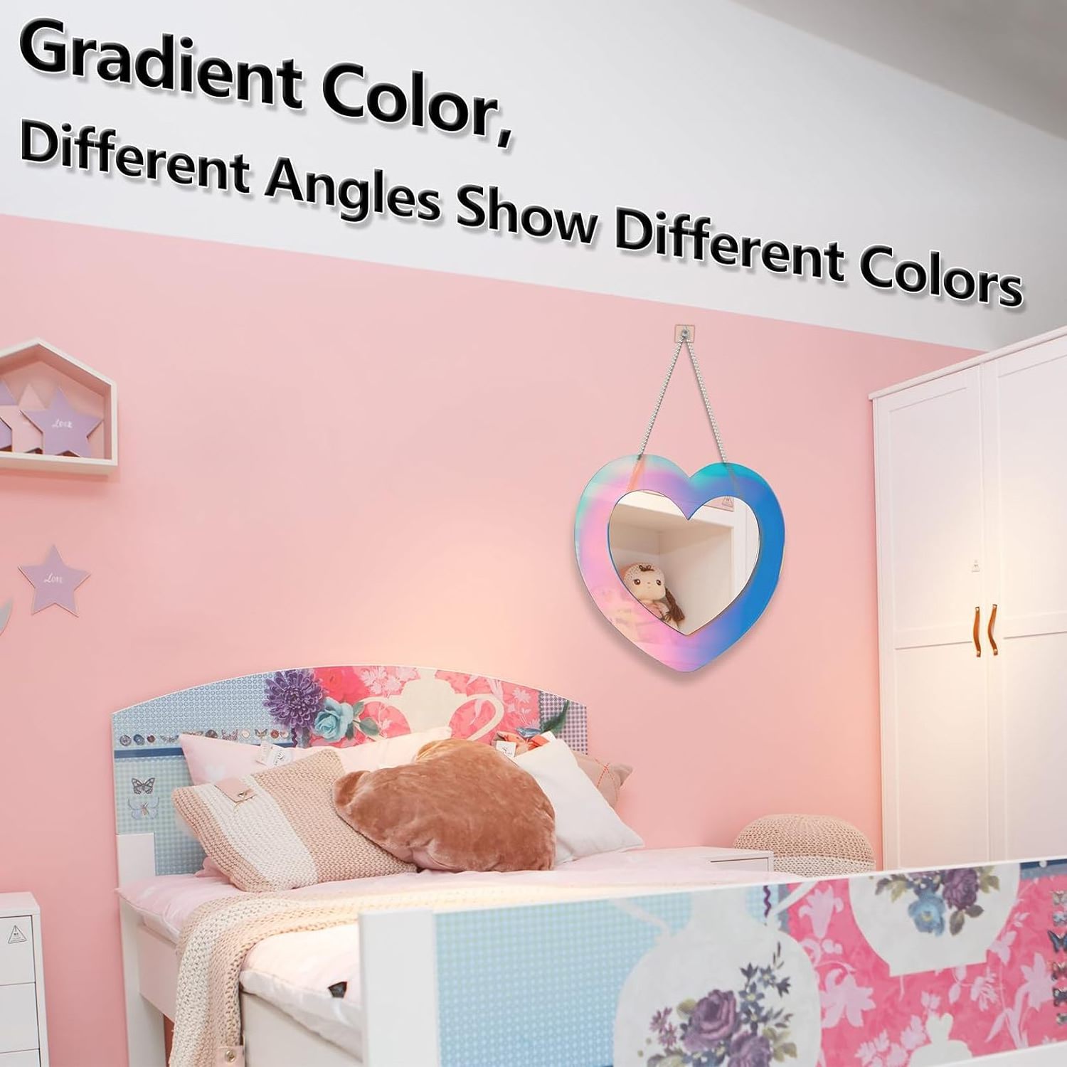 Acrylic Irregular Wall Mirror Wavy  Heart Shaped Rainbow  with White Pearl Chain for Room Wall Decoration Wall Hang Frameless