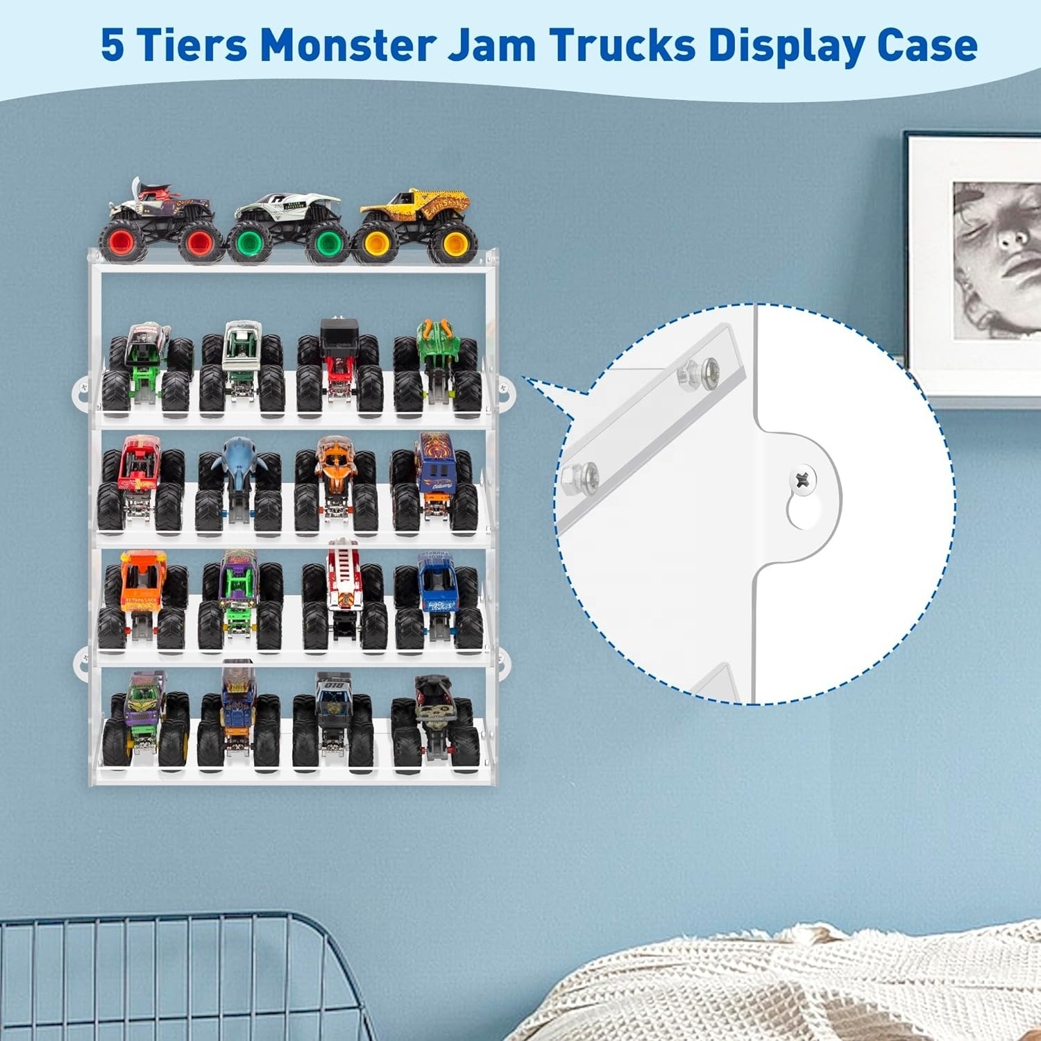 5 Tiers Acrylic Storage Case Assembly Monster Jam Trucks Display Case Holding for 20 Monster Trucks Organizer with Tilted Design