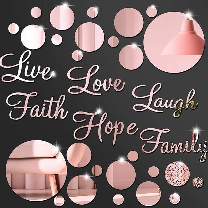 3D Acrylic Mirror Wall Decor Stickers 26-Piece Set Rose Gold Art Deco Faith Live Laugh Love Hope Family Motivational Phrases