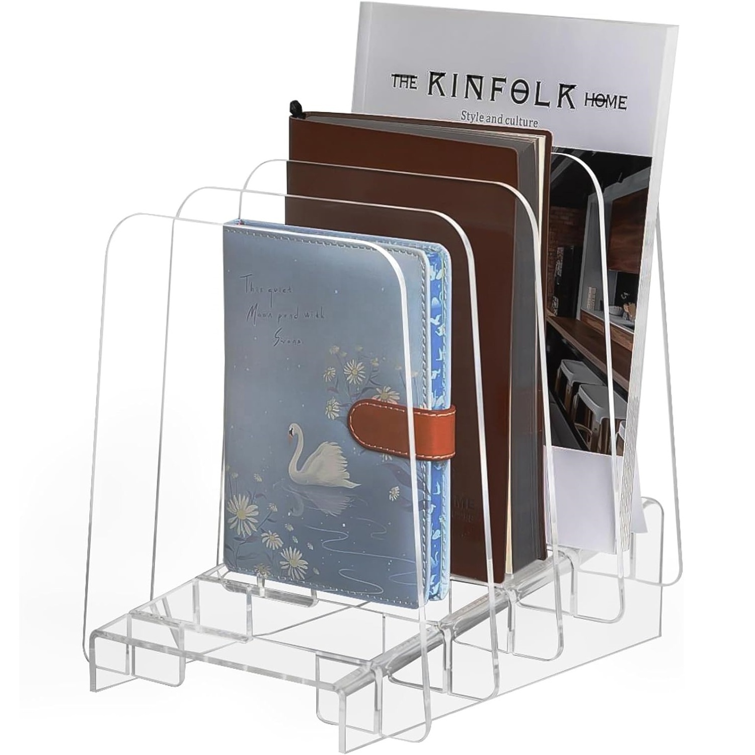 Clear Acrylic Incline File Organizer Rack 4 Sections Books Holder Sorter Vertical Display Magazine Holder for School Home Office