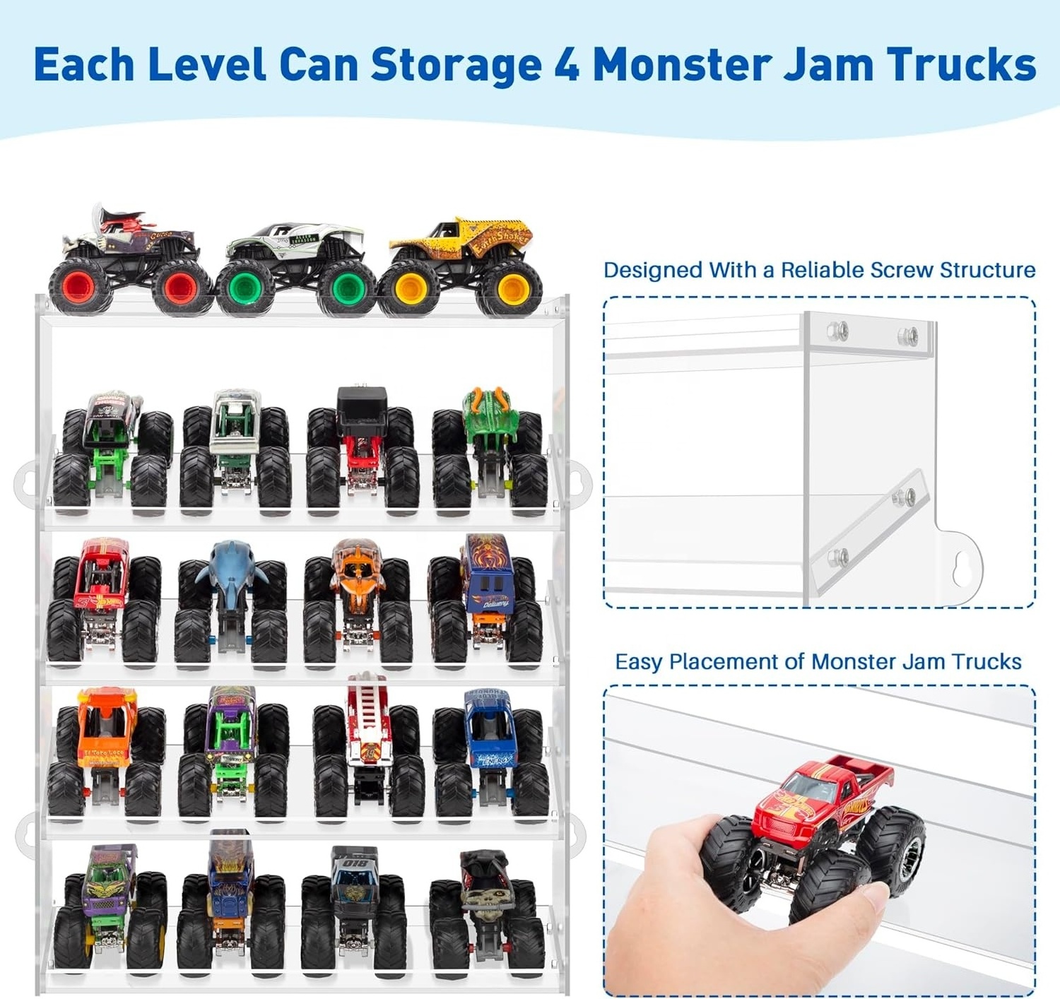 5 Tiers Acrylic Storage Case Assembly Monster Jam Trucks Display Case Holding for 20 Monster Trucks Organizer with Tilted Design