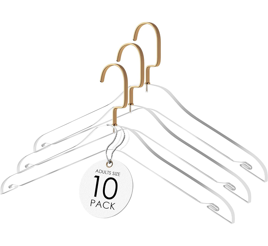 Sleek Modern 10-Pack Acrylic Hanger with Gold Hook High-End Space Saving Organizer for Clothes Shirts Jackets Sweaters Tops etc.