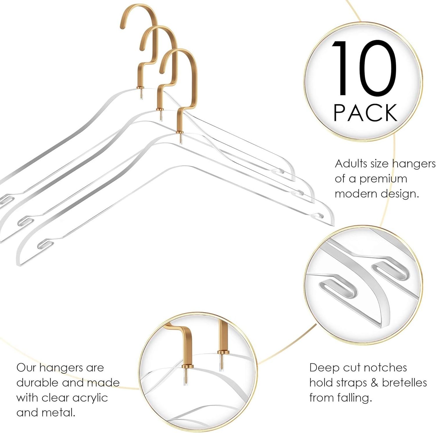 Sleek Modern 10-Pack Acrylic Hanger with Gold Hook High-End Space Saving Organizer for Clothes Shirts Jackets Sweaters Tops etc.