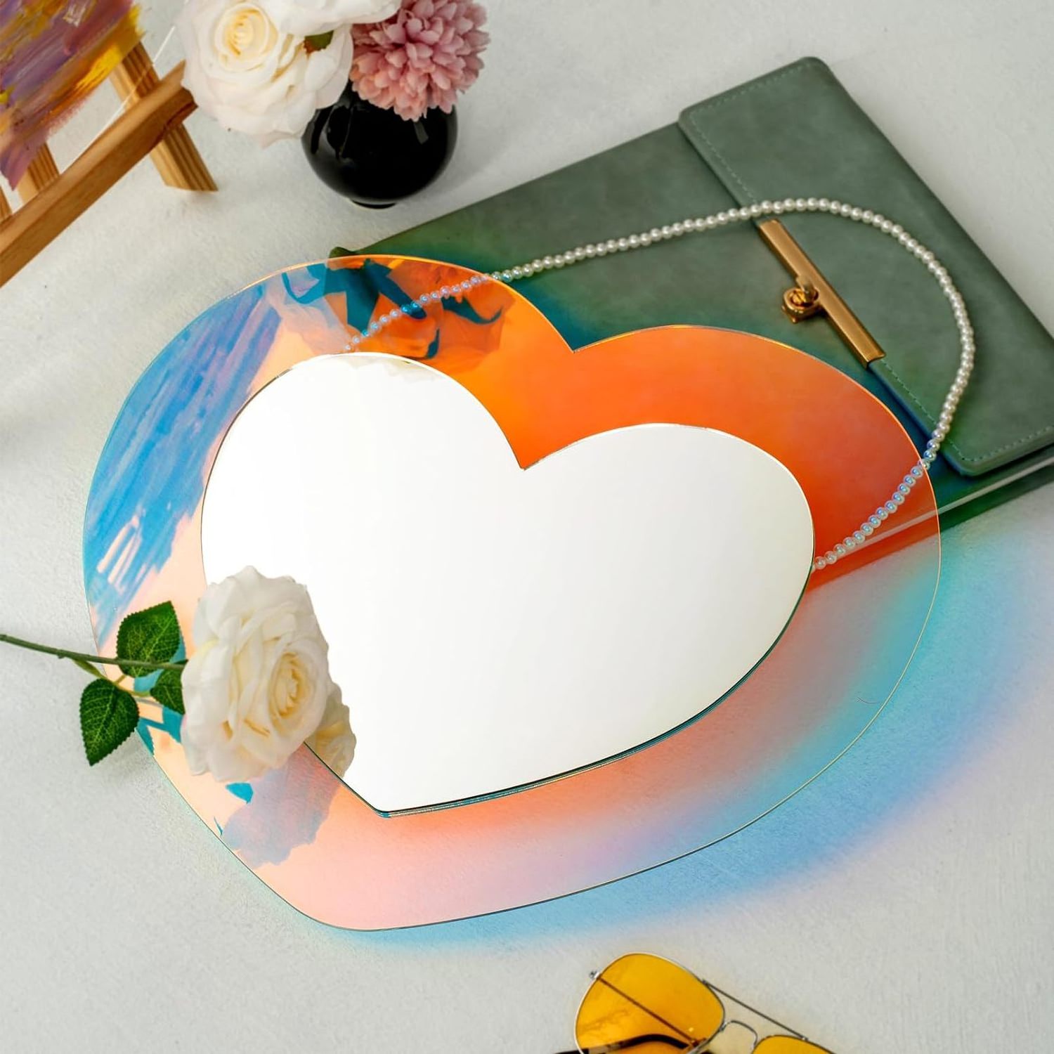 Acrylic Irregular Wall Mirror Wavy  Heart Shaped Rainbow  with White Pearl Chain for Room Wall Decoration Wall Hang Frameless