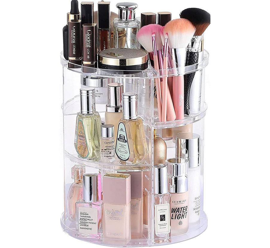 4-Tier Adjustable Acrylic Makeup Organizer 360 Degree Rotating Cosmetic Storage Cases and Display Holders for Bathroom Clear