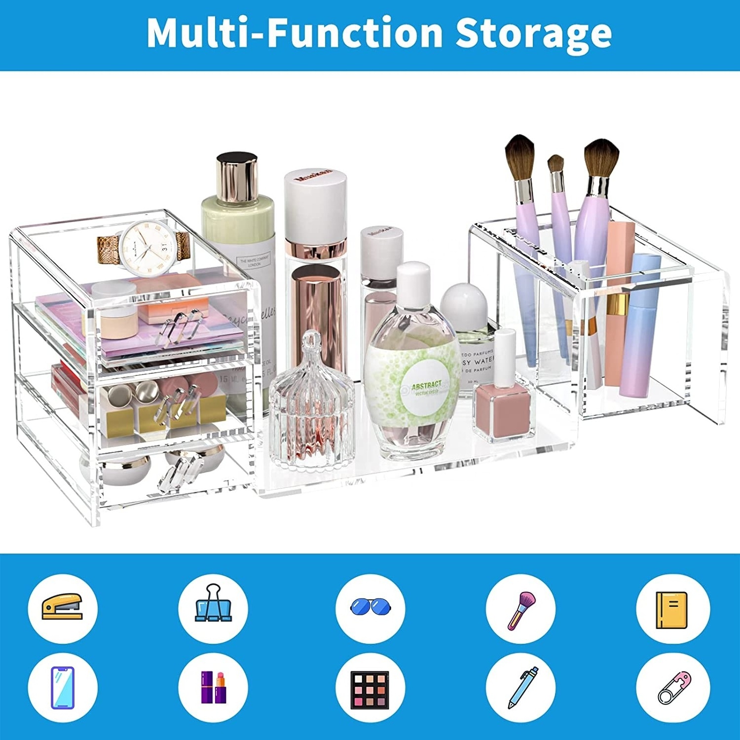 Clear Acrylic Desk Organizer Multi-functional with 2 Pen Holder and 3 Drawer Bookshelf Counter for Home Office School Classroom