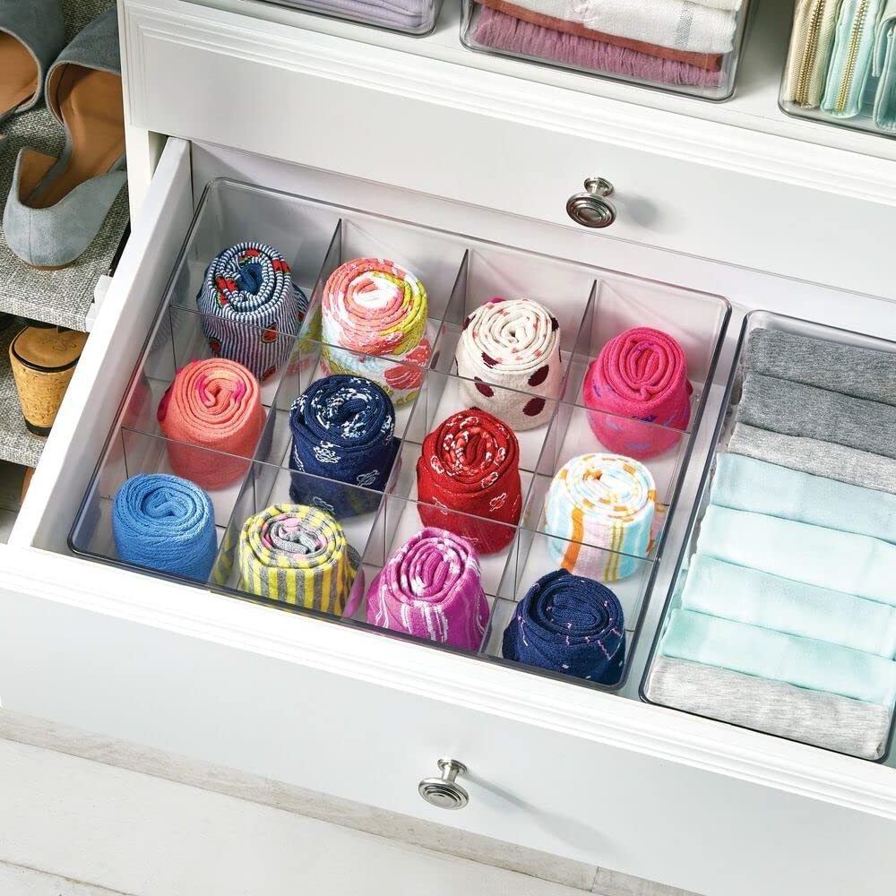 Plastic 12 Compartment Divided Drawer and Closet Storage Bin - Organizer for Scarves Socks Ties Bras and Underwear - Dress Organ