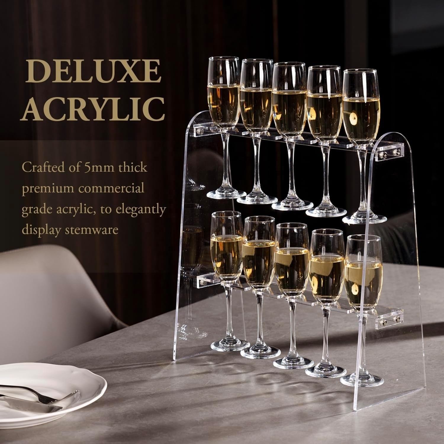 2 Tiers Clear Acrylic Champagne Flute Glasses Holder Stand Modern Premium Tabletop Stemware Hanging Display Racks with 10 Slots